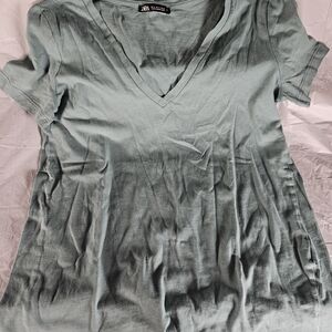 Zara Green Fitted Short Sleeve Blouse